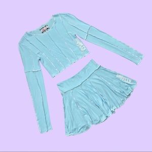 O-MIGHTY Contrast Stitch Skirt Set in Baby Blue